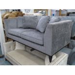 SOFA, two seater, grey upholstery, on square supports, with four scatter cushions, 189cm L.