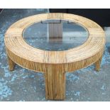 LOW TABLE, circa 1970, circular rattan with glass centre, 41cm H x 92cm D.