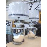 TABLE LAMPS, a pair, silvered glass urn bases white shade deco design, 76cm H x 40cm.