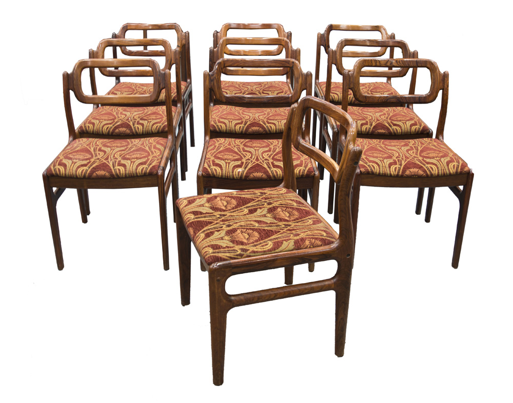 DINING CHAIRS, a set of ten, Danish 1970's rosewood with wine coloured patterned upholstered seats,