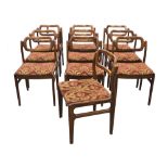 DINING CHAIRS, a set of ten, Danish 1970's rosewood with wine coloured patterned upholstered seats,