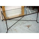 LOW TABLE, rectangular bronzed metal and 'x' stretchered with glass top, 76cm x 116cm x 51cm H.