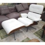 LOUNGE CHAIR AND OTTOMAN, Charles Eames design in white leather,