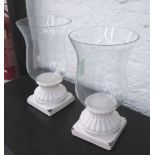 TABLE CANDLE LIGHTS, a pair, glass tops on 'aged' glazed China square bases, 40cm H x 22cm diam.