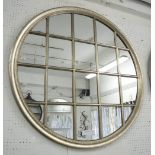 MIRROR, circular, window style, silvered effect frame, wall fixings attached, 114cm diam.