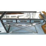 MIRRORED TABLE, Campaign style on an 'x' frame steel base, 74cm H x 120cm W x 41cm D.