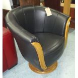 TUB CHAIR, Art Deco style, with black upholstery and wooden detail, approx 90cm W.