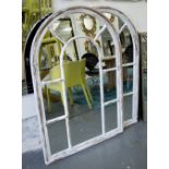 MIRRORS, a pair, architectural style, wooden arched frames,