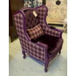 WINGBACK ARMCHAIR, purple showframe, tartan and velvet fabric, 72cm W x 107cm H x 71cm D.