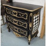 COMMODE, black and white painted gilt detail, 104cm W x 53cm D x 101cm H, with faults.