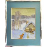 20th CENTURY RUSSIAN SCHOOL, 'Frozen River', oil on paper, 25cm x 20cm, framed.