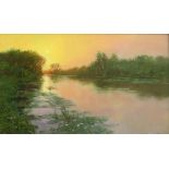 VALERI VORONIN (Russian), 'Sunset Over the River', oil on canvas, 30cm x 50cm, signed lower right,