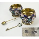 RUSSIAN TABLE SALTS, a pair, hallmarked silver gilt and floral design coloured enamels, each 5.