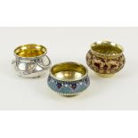 RUSSIAN SALTS, three various, all hallmarked silver, two gilt and enamel,
