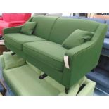 SOFA, two seater, Contemporary design, dark green with scatter cushions on block feet.