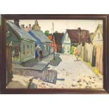 20th CENTURY RUSSIAN SCHOOL, 'Small Town Road', oil on paper, 33cm x 47cm, framed.