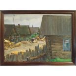 20th CENTURY RUSSIAN SCHOOL, 'Walk in the Neighbourhood', oil on paper, 33cm x 47cm, framed.