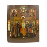 ICON, painted on wooden panel depicting Christ on the cross and mournful saintly figures,