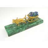 RUSSIAN DOG SLEIGH SCULPTURE gilt metal, on green malachite base, 29.5cm L x 10cm H max.