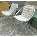 BUCKET CHAIRS, a pair, wire form construction on counter-levered base with tie on seat cushions.