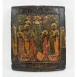 ICON, 19th century painted on wooden panel depicting a gathering of saintly figures, 32.