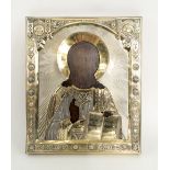 RUSSIAN ICON, depicting Christ Pantokrator with hallmarked silver oklad, 31cm H x 26cm W.