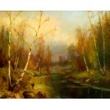 VLADIMIR ENPE (Russian), 'Autumn Forest', 1991, oil on canvas, 40cm x 50cm, signed lower left,