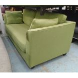 SOFA, two seater, Contemporary design, light green with scatter cushions on ebonised block feet.