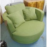 LOVE SEAT, swivel base, green upholstery with scatter cushions, 109cm W x 115cm D x 87cm H approx.