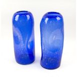 STUDIO BLUE GLASS VASES, a pair, in the Biot manner, each 34cm H.