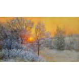 VALERI VORONIN (Russian), 'Winter Sunset', oil on canvas, 30cm x 60cm, signed lower right, framed.