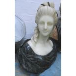BUST OF LADY IN 19TH CENTURY FASHION, white marble and granite, 52cm x 41cm x 21cm.