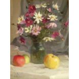ROMAN PODOBEDOV (Russian, 1920-2003), 'Still Life with Apple and Flowers', 1960, oil on board,