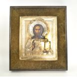 RUSSIAN ICON, depicting Christ Pantocrator, with hallmarked silver and silver gilt oklad,