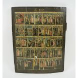 MENOLOGICAL ICON, painted panel portraying multiple saintly figures in reserved panels,