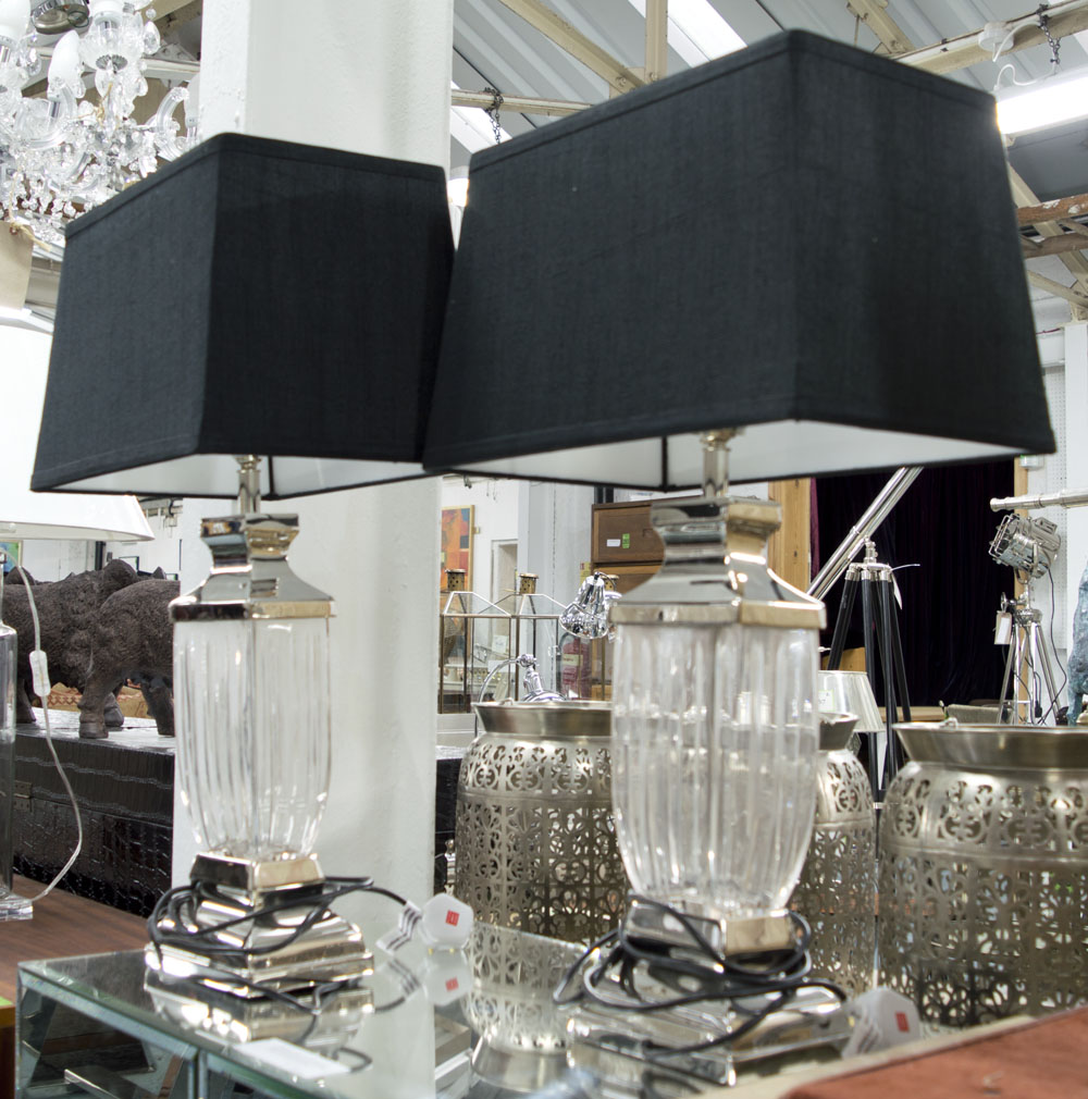 LAMPS, a pair, urn form, reeded glass with chrome top and foot along with square black shades,