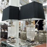 LAMPS, a pair, urn form, reeded glass with chrome top and foot along with square black shades,