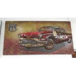 WALL ART, in metal, of an American car on Route 66, 70cm x 140cm.