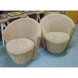 TUB CHAIRS, a pair, curved and shaped form in biscuit upholstery, 90cm W.