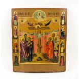 PAINTED ICON, on wooden panel portraying Christ on the cross with a border of saintly figures, 35.