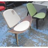 SHELL STYLE CHAIRS, two, as originally by Hans J Wegner of differing finishes, 90cm x 84cm x 76cm.