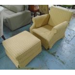 ARMCHAIR AND STOOL, with a yellow patterned upholstery,