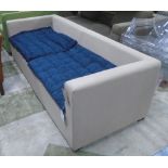 SOFA, in two parts with loose blue seat cushions, 225cm L x 90cm W x 65cm H.