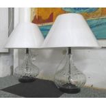 LAMPS, a pair, glass gourd form with dented pattern with white shades, 65cm H, (2).