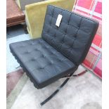 BARCELONA STYLE CHAIR, in a black leather button backed finish, on polished metal supports,