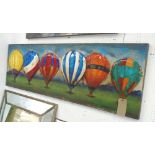 WALL ART, in metal, of six hot air balloons, rustic finish, 56cm x 180cm.
