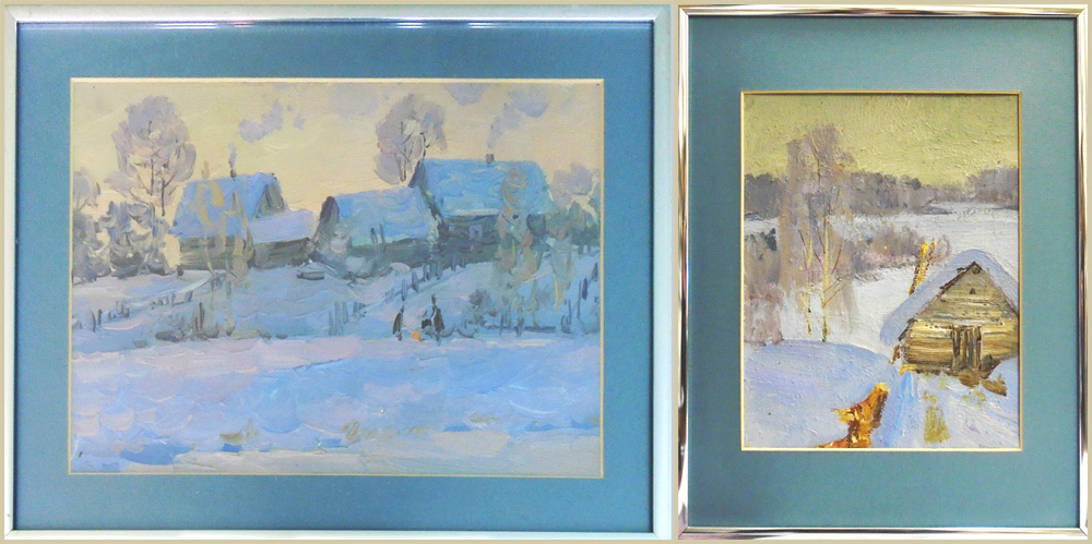 20th CENTURY RUSSIAN SCHOOL, 'Snow Clad Landscape', two oils on paper, 25cm x 34cm and 25cm x 20cm,