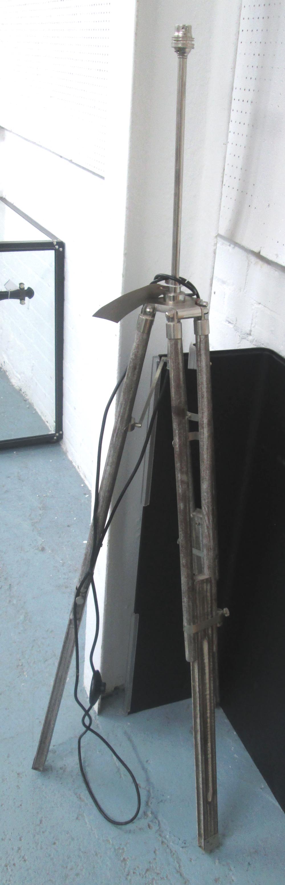 TRIPOD LAMP, on adjustable beechwood tripod with black shade, 170cm H.