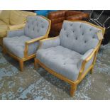 ARMCHAIRS, a pair, in blue button back fabric on a beech frame on square supports, 90cm W.