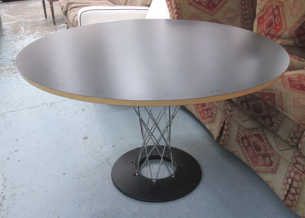 BREAKFAST TABLE, circular with ebonised top on modern tubular metal support, 118cm diam x 71cm H.